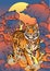 Tiger walking on fire thunder and storm cloud Oriental Japanese or Chinese   illustration style poster