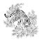 Tiger walking in Flower bush illustration doodle with oriental Chinese  ink drawing tattoo