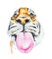 Tiger watercolor sketch isolated. Funny head with tongue