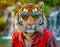 A tiger wearing goggles and a red shirt with sunglasses