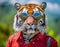 A tiger wearing goggles and a red shirt with sunglasses