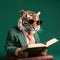 a tiger wearing sunglasses and a suit reading a book. Generative Ai