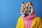 Tiger in a yellow sweater and pink turtleneck.