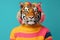 A tigers head on a human body wearing a vibrant sweater.