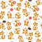 TigerSeamless pattern with cute little tiger characters walk, jump, carry gift box, hold air balloon isolated.