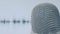 Tight pattern of professional vocal microphone in front of waveform digital audio recording screen