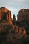 Tight shot zoomed in photograph of Cathedral rock in Sedona Arizona showing more detail of the red rock at sunset in the month of