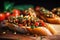 tightly cropped shot of pine nuts slightly falling onto a bruschetta