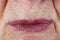 Tightly squeezed narrow pink lips of an elderly woman. The pores and skin defects are clearly visible