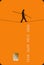 A tightrope walker carefully moves across a generic credit card