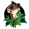 Tigress head looks away in a three-quarter round composition decorated with tropical plants