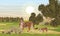 A tigress and her tiger cub walking along a plain with bushes, trees and dry grass