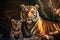 Tigress and tiger cub in the jungle, lovely moment. Generative AI