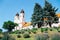 Tihany Abbey Benedictine monastery with lavender flowers in Hungary