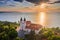 Tihany, Hungary - Aerial skyline view of the famous Benedictine Monastery of Tihany Tihany Abbey with beautiful colourful sky