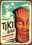 Tiki bar vintage sign concept with tiki mask and tropical landscape