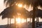 Tiki hut umbrellas, thatch. Sunrise, sunset view on beach in Tunisia