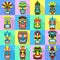 Tiki idols icons set, flat style