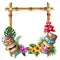 Tiki mask and frame. Hawaii authentic background bamboo square sticks exotic flowers and plants wooden totem vector