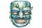Tiki masks and wooden totems showcases the traditional Hawaiian and Polynesian art style white background