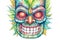 Tiki masks and wooden totems showcases the traditional Hawaiian and Polynesian art style white background