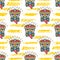 Tiki pattern Polynesian tikis on a trendy striped background, colorful yellow backdrop