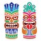 Tiki pole totem vector color design - traditional statue decor set from Polynesia and Hawaii, tribal folk art background