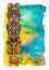 Tiki statues painted in watercolor on watercolor background in the form of tropical vegetation