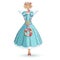 Tilda doll. Garden angel girl in a blue dress with a wreath in the hands. Vector cartoon character on a white background.