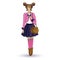 Tilda doll. The girl in a pink jacket and blue skirt with a bag in his hands. Vector cartoon character on a white background.