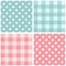 Tile pink and blue vector pattern set with polka dots and checkered plaid