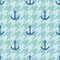 Tile sailor vector pattern with anchor on white and blue houndstooth background
