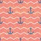 Tile sailor vector pattern with pink and white stripes, golden dust and blue anchor