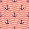 Tile sailor vector pattern with pink and white stripes, golden dust and blue anchor