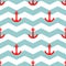 Tile sailor vector pattern with red anchor on white and blue stripes background