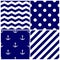 Tile sailor vector pattern set with white anchor, polka dots, zig zag and stripes on navy blue background