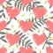 Tile tropical vector pattern with exotic leaves and pink hearts on white background