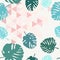 Tile tropical vector pattern with green exotic leaves on grey and pink triangle background