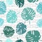 Tile tropical vector pattern with green exotic leaves on grey triangle background