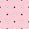 Tile vector pattern with white cats and black polka dots on pink background