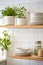 Tiled background and shelves with dishes. Different tableware backdrop. Dishes in cupboard in kitchen. Kitchenware. Kitchen