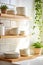 Tiled background and shelves with dishes. Different tableware backdrop. Dishes in cupboard in kitchen. Kitchenware. Kitchen