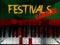 Tiles of a piano under the words festival canceled with a green and red background