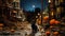 Tilt shift effect. Black cat in the Night small village with cozy houses. Halloween concept, Generative AI