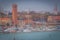 Tilt shift effect of boats in the marina of the island of Sant'Elena