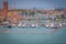 Tilt shift effect of boats in the marina of island of Sant'Elena