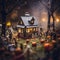 Tilt shift effect. Cute ghost in small village with cozy houses. Halloween concept, Generative AI