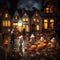 Tilt shift effect. Cute ghost in small village with cozy houses. Halloween concept, Generative AI