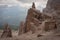 Tilt shift effect of first world war italian ruin post in a cloudy mountain scenery