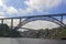 Tilt-shift effect photography. Maria Pia Bridge over the Douro river, Porto, Portugal. Panoramic view from the water. A great